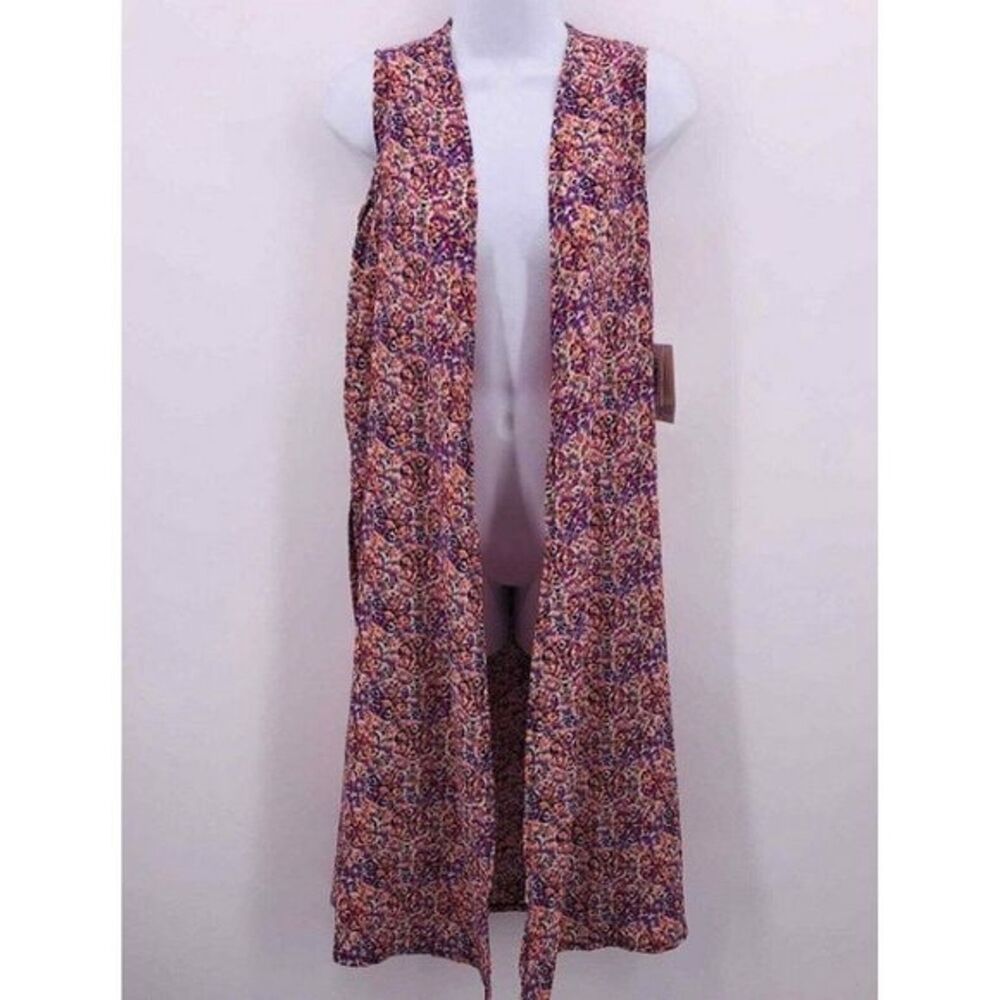 NWT LULAROE Joy Duster Vest Cardigan Womens M Purple Orange Geo Open Front Flowy - Picture 1 of 10
